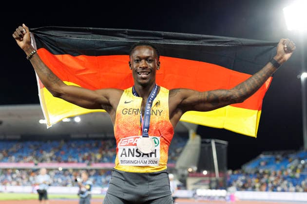 BIRMINGHAM, GREAT BRITAIN - AUGUST 11, 2026 : Owen ANSAH (GER Germany) wins Bronze in the 100m final during the European Athletics Championships at Alexander Stadium on August 11, 2026 in Birmingham, Great Britain. Great Britain Copyright: xAxelxKohringx
