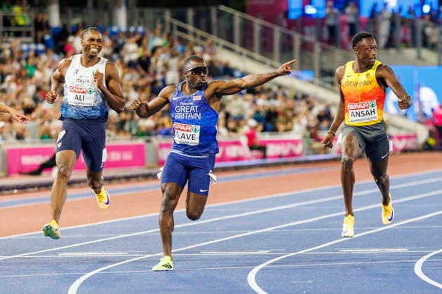 BIRMINGHAM, GREAT BRITAIN - AUGUST 11, 2026 : Chituru ALI (ITA Italy), Romell GLAVE (GBR Great Britain), Owen ANSAH (GER Germany) crossing the finish line during the European Athletics Championships at Alexander Stadium on August 11, 2026 in Birmingham, Great Britain. Great Britain Copyright: xAxelxKohringx