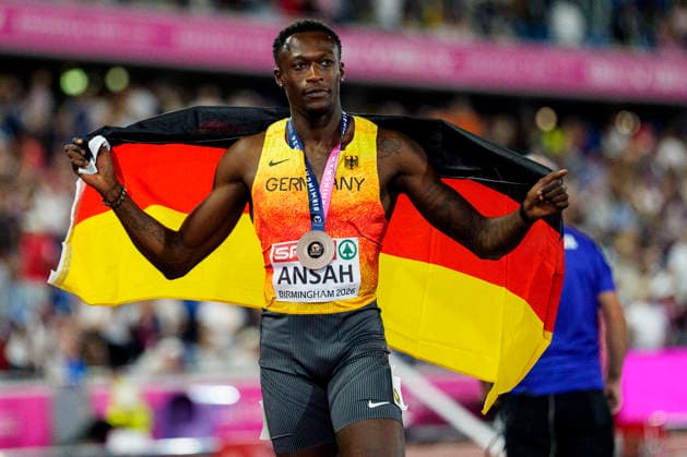 BIRMINGHAM, GREAT BRITAIN - AUGUST 11, 2026 : Owen ANSAH (GER Germany) takes bronze over 100m during the European Athletics Championships at Alexander Stadium on August 11, 2026 in Birmingham, Great Britain. Great Britain Copyright: xLeahxKohringx