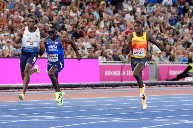 BIRMINGHAM, GREAT BRITAIN - AUGUST 11, 2026 : Owen ANSAH (GER Germany) takes bronze over 100m during the European Athletics Championships at Alexander Stadium on August 11, 2026 in Birmingham, Great Britain. Great Britain Copyright: xLeahxKohringx