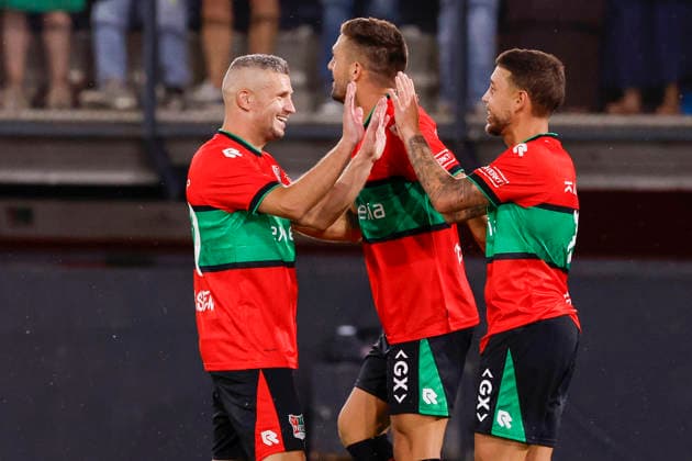 2026-08-11 NEC Nijmegen v Olympiacos - Champions League qualifying phase NIJMEGEN, NETHERLANDS - AUGUST 11: Bryan Linssen of NEC Nijmegen, Dusan Tadic of NEC Nijmegen, Emre Mor of NEC Nijmegen celebrates after scoring his teams second goal during the Champions League qualifying phase match between NEC Nijmegen and Olympiacos at Goffertstadion on August 11, 2026 in Nijmegen, Netherlands. Nijmegen Goffertstadion Netherlands Content not available for redistribution in The Netherlands directly or indirectly through any third parties. Copyright: xBenxGalx