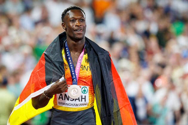 BIRMINGHAM, GREAT BRITAIN - AUGUST 11, 2026 : Owen ANSAH (GER Germany) wins Bronze in the 100m final during the European Athletics Championships at Alexander Stadium on August 11, 2026 in Birmingham, Great Britain. Great Britain Copyright: xAxelxKohringx