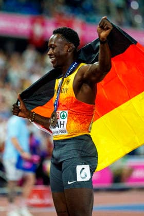 BIRMINGHAM, GREAT BRITAIN - AUGUST 11, 2026 : Owen ANSAH (GER Germany) takes bronze over 100m during the European Athletics Championships at Alexander Stadium on August 11, 2026 in Birmingham, Great Britain. Great Britain Copyright: xLeahxKohringx