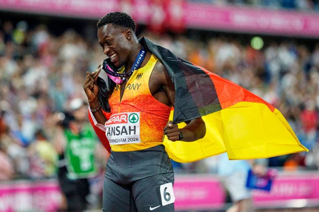 BIRMINGHAM, GREAT BRITAIN - AUGUST 11, 2026 : Owen ANSAH (GER Germany) takes bronze over 100m during the European Athletics Championships at Alexander Stadium on August 11, 2026 in Birmingham, Great Britain. Great Britain Copyright: xLeahxKohringx
