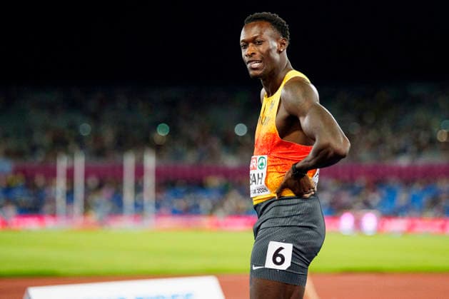 BIRMINGHAM, GREAT BRITAIN - AUGUST 11, 2026 : Owen ANSAH (GER Germany) takes bronze over 100m during the European Athletics Championships at Alexander Stadium on August 11, 2026 in Birmingham, Great Britain. Great Britain Copyright: xLeahxKohringx