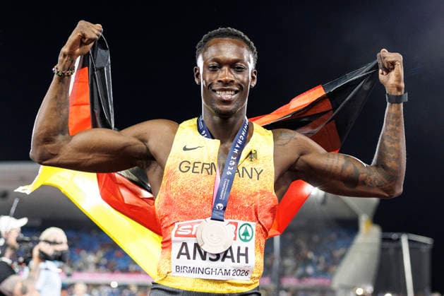 BIRMINGHAM, GREAT BRITAIN - AUGUST 11, 2026 : Owen ANSAH (GER Germany) wins Bronze in the 100m final during the European Athletics Championships at Alexander Stadium on August 11, 2026 in Birmingham, Great Britain. Great Britain Copyright: xAxelxKohringx