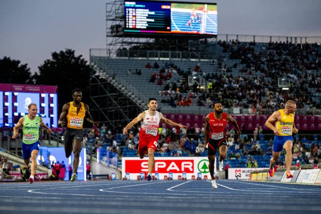260811 Anej Curin Prapotnik of Slovenia, Owen Ansah of Germany, Dominik Kopec of Poland, TimothÃ Mumenthaler of Schweiz and Henrik Larsson of Sweden competes in men s 100 meter semifinal during day 2 of the 2026 European Athletics Championships on August 11, 2026 in Birmingham. Photo: Mathias Bergeld BILDBYRAN kod MB MT1065 friidrott athletics friidrett friidrotts-em em friidretts-em 2026 european athletics championships 2 bbeng *** August 11, 2026: Anej Curin Prapotnik of Slovenia, Owen Ansah of Germany, Dominik Kopec of Poland, Timothé Mumenthaler of Switzerland, and Henrik Larsson of Sweden compete in the men’s 100-meter semifinal on Day 2 of the 2026 European Athletics Championships on August 11, 2026 in Birmingham. Photo by Mathias Bergeld. BILDBYRAN code MB MT1065. track and field, athletics, friidrett, friidrotts EM, 2026 European Athletics Championships, 2 bbeng  Copyright: MATHIASxBERGELD BB260811MB160