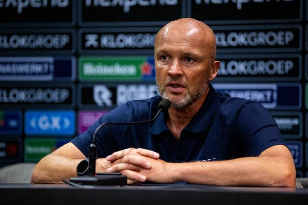 NIJMEGEN, NETHERLANDS - AUGUST 11: NEC Nijmegen head coach Dick Schreuder attends a press conference, PK, Pressekonferenz after the UEFA Champions League 2026 27 third qualifying round second leg match between NEC Nijmegen and Olympiacos at the Goffertstadion on August 11, 2026 in Nijmegen, Netherlands.  Copyright: xRenexNijhuis MBxMediax
