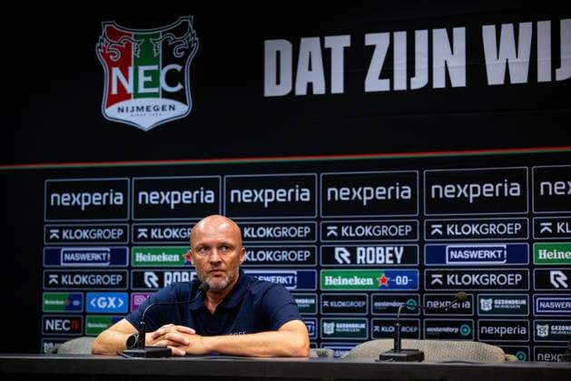 NIJMEGEN, NETHERLANDS - AUGUST 11: NEC Nijmegen head coach Dick Schreuder attends a press conference, PK, Pressekonferenz after the UEFA Champions League 2026 27 third qualifying round second leg match between NEC Nijmegen and Olympiacos at the Goffertstadion on August 11, 2026 in Nijmegen, Netherlands.  Copyright: xRenexNijhuis MBxMediax