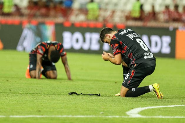 Crvena zvezda v Hapoel Beer Sheva - UEFA Champions League BELGRADE, SERBIA - AUGUST 11: Players of Hapoel Beer Sheva celebrate after UEFA Champions League qualifying match between Crvena Zvezda and Hapoel Beer Sheva at Rajko Mitic Stadium on August 11, 2026. Filip Stevanovic Anadolu Belgrade Serbia. Editorial use only. Please get in touch for any other usage.  Copyright: x2026xAnadoluxFilipxStevanovicx