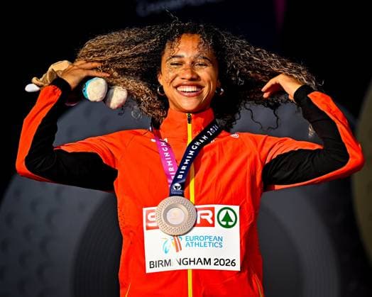 European Athletics Championships Birmingham 2026 - day 2 BIRMINGHAM, ENGLAND - AUGUST 11 : Nkansa Delphine (BEL) during the medal ceremony of the 100m on day 2 of the Birmingham 2026 European Athletics Championships on August 11, 2026 in Birmingham, England, 11 08 2026  Copyright: xTomasxSiskx