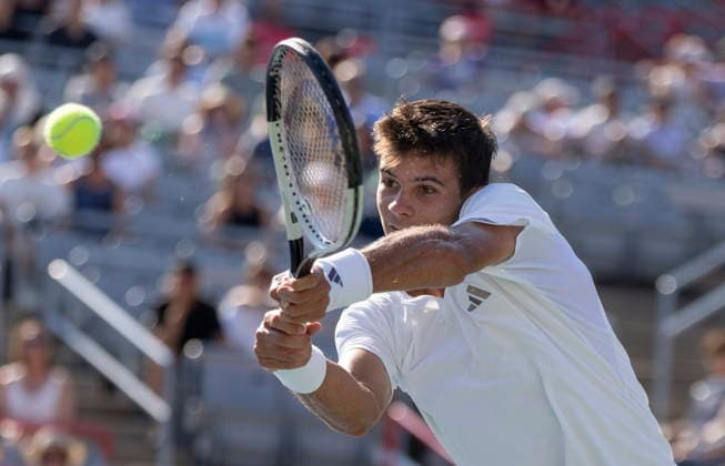 August 11, 2026, Montreal, Pq, Canada: Rafael Jodar of Spain hits a return to Arthur Fils of France during quarterfinal tennis action at the National Bank Open in Montreal on Tuesday, Aug. 11, 2026. Canada News - August 11, 2026  - ZUMAc35_ 20260811_zaf_c35_043 Copyright: xChristinnexMuschix
