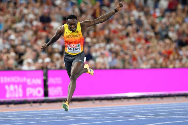 BIRMINGHAM, GREAT BRITAIN - August 11: Own Ansah (Germany) winning silver over 100 metres during the European Athletics Championships 2026 at Alexander Stadium in Birmingham, Great Britain (Photo by Sven Beyrich Sports Press Photo)  Copyright: xSvenxBeyrich SportsxPressxPhotox Sportspressphoto_SPR204371