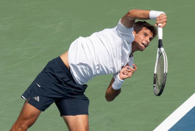 August 11, 2026, Montreal, Pq, Canada: Rafael Jodar of Spain serves to Arthur Fils of France during quarterfinal tennis action at the National Bank Open in Montreal on Tuesday, Aug. 11, 2026. Canada News - August 11, 2026  - ZUMAc35_ 20260811_zaf_c35_046 Copyright: xChristinnexMuschix