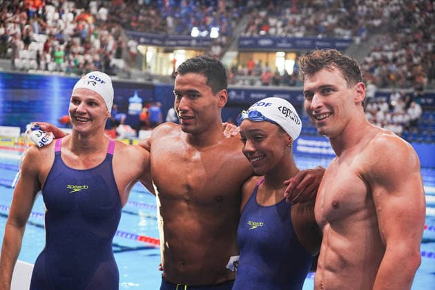 11 Aout European Aquatics Championships Paris 2026 FINALES Wattel Marie ,Aitkaci Car ,Grousset Maxime and Moluh Mary-Ambre of France During Finale 4X100 Medley Mixte at the European Swimming Championships at the Greater Paris Metropolis Olympic Aquatics Centre in Paris (France) on August 11, 2026.Credit Laurent Lairys parisFrance  Copyright: xLaurentxLairysx