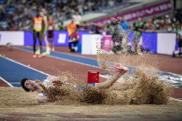 RECORD DATE NOT STATED 11th August 2026; Alexander Stadium, Birmingham, Midlands, England; 2026 European Athletics Championships, Day Two; Miltiadis Tentoglou (GRE) on his way to winning the mens long jump GodfreyxPitt