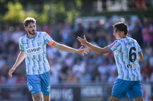 Fussball WFV Pokal 2026 2027 3. Runde 11.08.2026 FC Rottenburg - SV Stuttgarter Kickers JUBEL Kickers; Luca Trislic (li) klatscht Ben-Luca Fisher (re) ab *** Soccer WFV Cup 2026–2027, Round 3, August 11, 2026: FC Rottenburg vs. SV Stuttgarter Kickers. JUBEL: Kickers Luca Trislic (left) high-fives Ben Luca Fisher (right).
