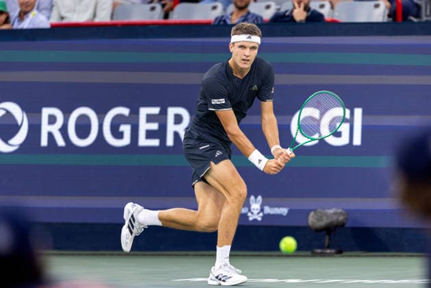 August 11, 2026, Montreal, Quebec, Canada: JAKUB MENSIK (13) from Czech Republic forehand in match against Ben Shelton (5) from USA in quarter final at Canadian Open at IGA stadium in Montreal, Quebec, Canada on 2026-08-11 TENNIS: Canadian Open Montreal 2026  - ZUMAl189 20260811_zsp_l189_075 Copyright: xYannickxLegarex