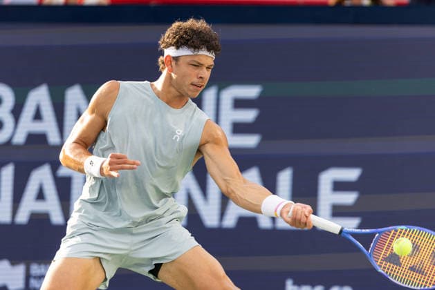 August 11, 2026, Montreal, Quebec, Canada: BEN SHELTON (5) from USA forehand in match against Jakub Mensik (13) from Czech Republic in quarter final at Canadian Open at IGA stadium in Montreal, Quebec, Canada on 2026-08-11 TENNIS: Canadian Open Montreal 2026  - ZUMAl189 20260811_zsp_l189_078 Copyright: xYannickxLegarex