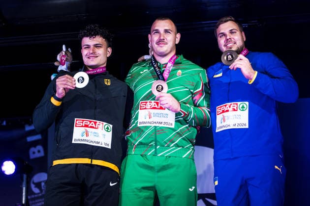 European Athletics Championships; Birmingham, 11.08.2026 BIRMINGHAM, UNITED KINGDOM - AUGUST 11: Podium for the mens hammer throw, left to right: Merlin Hummel (GER - Germany), Bence Halasz (HUN - Hungary), Mykhaylo Kokhan (UKR - Ukraine) on August 11, 2026 in Birmingham, United Kingdom. *** European Athletics Championships, Birmingham, August 11, 2026 BIRMINGHAM, UNITED KINGDOM AUGUST 11 Podium for the men s hammer throw, from left to right: Merlin Hummel GER (Germany), Bence Halasz (HUN) Hungary, Mykhaylo Kokhan (UKR) Ukraine, on August 11, 2026, in Birmingham, United Kingdom Copyright: xBEAUTIFULxSPORTS UlfxSchillerx