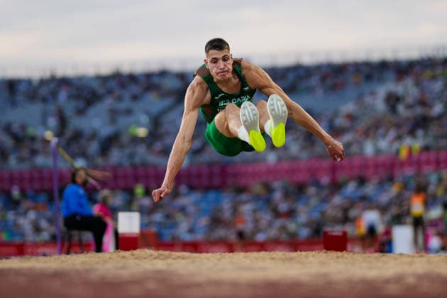 BIRMINGHAM, UNITED KINGDOM - AUGUST 11: Bozhidar SarÃ¢boyukov of Bulgaria competes in the Men s Long Jump during the European Athletics Championships at Alexander Stadium on August 11, 2026 in Birmingham, United Kingdom. England United Kingdom Copyright: xBEAUTIFULxSPORTS TobiasxLacknerx