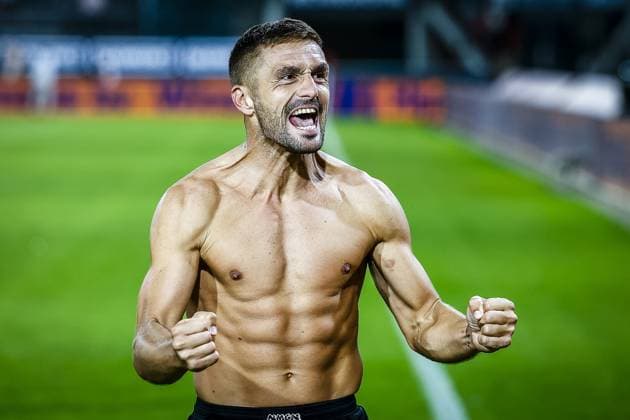 NIJMEGEN , 08-07-2026 , Stadium De Goffert , season 2026 2027 , Third qualifying round UEFA Champions League 2nd leg football , match between NEC Nijmegen and Olympiacos , picture shows NEC player Dusan Tadic celebrating the win. Final score 2-1. NEC - Olympiacos  x205637707x Copyright: