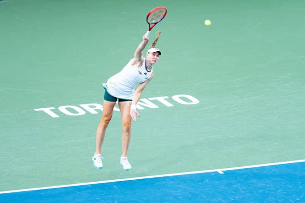 TORONTO, ON - AUGUST 11: Elena Rybakina of Kazakhstan serves the ball during her Quarter-final match of the WTA, Tennis Damen National Bank Open tournament on August 10, 2026 at Sobeys Stadium in Toronto, ON, Canada (Photo by Julian Avram Icon Sportswire) TENNIS: AUG 11 National Bank Open EDITORIAL USE ONLY Icon2608110006