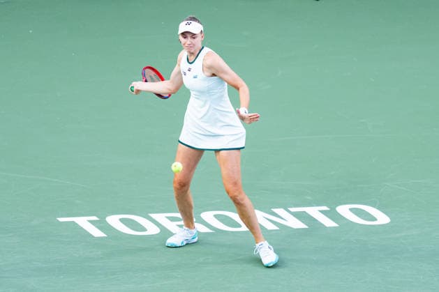 TORONTO, ON - AUGUST 11: Elena Rybakina of Kazakhstan returns a shot during her Quarter-final match of the WTA, Tennis Damen National Bank Open tournament on August 10, 2026 at Sobeys Stadium in Toronto, ON, Canada (Photo by Julian Avram Icon Sportswire) TENNIS: AUG 11 National Bank Open EDITORIAL USE ONLY Icon2608110010