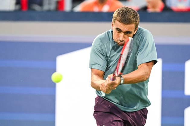 MONTREAL, QC - AUGUST 11: Daniel Merida (ESP) returns the ball during a quarterfinal match at National Bank Open on August 11, 2026 at IGA Stadium in Montreal, QC (Photo by David Kirouac Icon Sportswire) TENNIS: AUG 11 National Bank Open EDITORIAL USE ONLY Icon26081103826