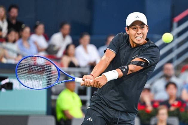 MONTREAL, QC - AUGUST 11: Learner Tien (USA) returns the ball during a quarterfinal match at National Bank Open on August 11, 2026 at IGA Stadium in Montreal, QC (Photo by David Kirouac Icon Sportswire) TENNIS: AUG 11 National Bank Open EDITORIAL USE ONLY Icon26081104426