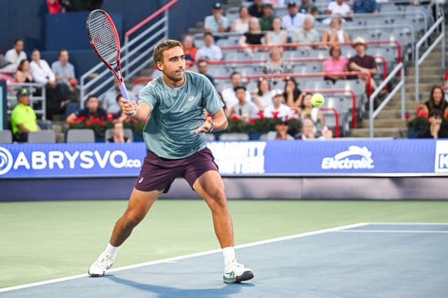 MONTREAL, QC - AUGUST 11: Daniel Merida (ESP) returns the ball during a quarterfinal match at National Bank Open on August 11, 2026 at IGA Stadium in Montreal, QC (Photo by David Kirouac Icon Sportswire) TENNIS: AUG 11 National Bank Open EDITORIAL USE ONLY Icon26081105226