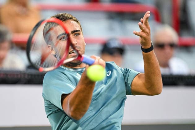 MONTREAL, QC - AUGUST 11: Daniel Merida (ESP) returns the ball during a quarterfinal match at National Bank Open on August 11, 2026 at IGA Stadium in Montreal, QC (Photo by David Kirouac Icon Sportswire) TENNIS: AUG 11 National Bank Open EDITORIAL USE ONLY Icon26081106326