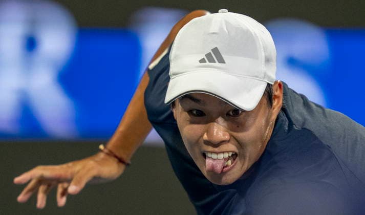 August 11, 2026, Montreal, Pq, Canada: Learner Tien of the United States sticks out his tongue as he chases down a ball against Daniel Merida of Spain during quarterfinal tennis action at the National Bank Open in Montreal on Tuesday, Aug. 11, 2026. Canada News - August 11, 2026  - ZUMAc35_ 20260811_zaf_c35_126 Copyright: xChristinnexMuschix