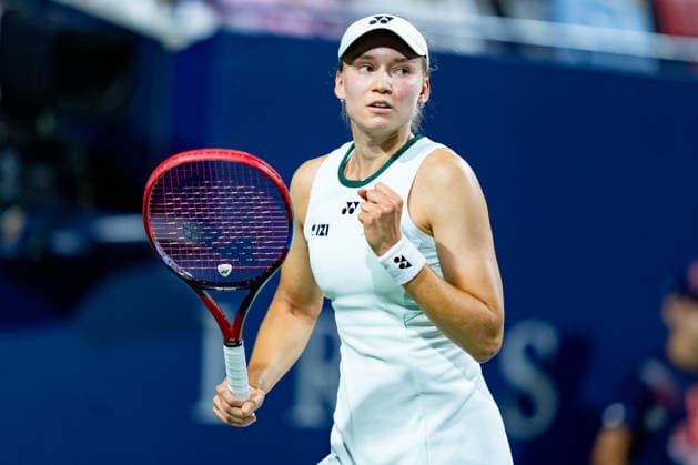TORONTO, ON - AUGUST 11: Elena Rybakina of Kazakhstan celebrates after winning a point during her Quarter-final match of the WTA, Tennis Damen National Bank Open tournament on August 10, 2026 at Sobeys Stadium in Toronto, ON, Canada (Photo by Julian Avram Icon Sportswire) TENNIS: AUG 11 National Bank Open EDITORIAL USE ONLY Icon2608110147