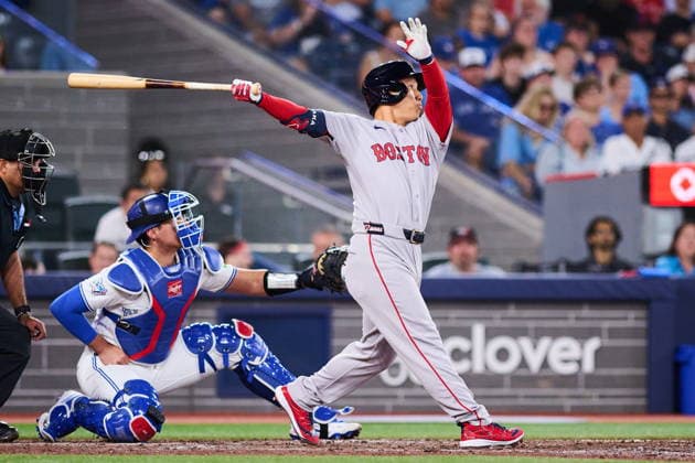August 11, 2026, Toronto, On, Canada: Boston Red Sox s Masataka Yoshida (7) hits a double against the Toronto Blue Jays during ninth inning MLB, Baseball Herren, USA baseball action in Toronto, on Tuesday, Aug. 11, 2026. Canada News - August 11, 2026  - ZUMAc35_ 20260811_zaf_c35_141 Copyright: xSammyxKoganx