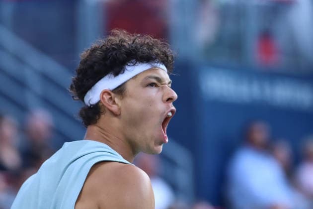 ATP, Tennis Herren Masters 1000 National Bank Open Montreal 2026 - Quarter Finals - Day 11 Ben Shelton of United States celebrates after a point during the Men™s quarter-final match against Jakub Mensik of Czech Republic on day 11 of the ATP Masters 1000 National Bank Open at IGA Stadium. on August 11, 2026, in Montreal, Canada. (Photo by Horacio Zamora Eyepix Group) Copyright: xHoracioxZamorax xEyepixxGroupx HZ_11082026_195615