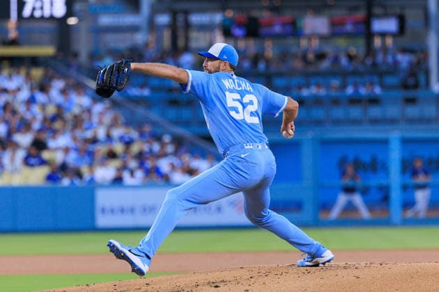 August 11, 2026, Los Angeles, California, USA: Starting pitcher, Michael Wacha 52 of the Kansas City Royals during a regular season MLB, Baseball Herren, USA game against the Los Angeles Dodgers on Tuesday August 11, 2026 at Dodger Stadium in Los Angeles, California. JAVIER ROJAS PI Dodgers Vs. Royals  - ZUMAp124 20260811_zaa_p124_029 Copyright: xJavierxRojasx