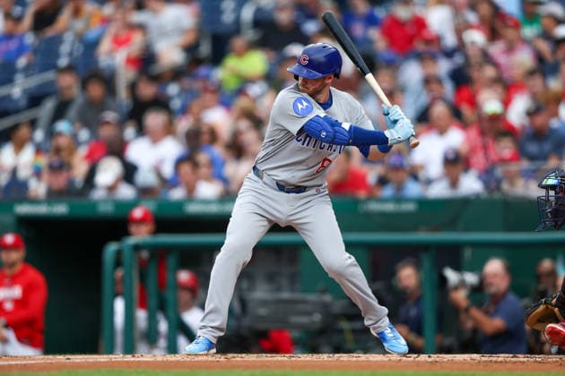 August 11, 2026, Washington D.C, District Of Columbia, United States: Washington, DC; Chicago Cubs left fielder Ian Happ (8) bats during the Major League Baseball game between the Washington Nationals and the Chicago Cubs at Nationals Park on Tuesday, August 11, 2026. The Cubs beat the Nationals 8-6. MLB, Baseball Herren, USA Chicago Cubs 8:6 Washington Nationals  - ZUMAp258 20260811_znp_p258_003 Copyright: xStevexPrakopex