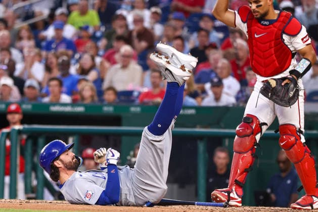 August 11, 2026, Washington D.C, District Of Columbia, United States: Washington, DC; Chicago Cubs shortstop Dansby Swanson (7) reacts to getting hit by the pitch during the Major League Baseball game between the Washington Nationals and the Chicago Cubs at Nationals Park on Tuesday, August 11, 2026. The Cubs beat the Nationals 8-6. Washington D.C United States - ZUMAp258 20260811_znp_p258_014 Copyright: xStevexPrakopex