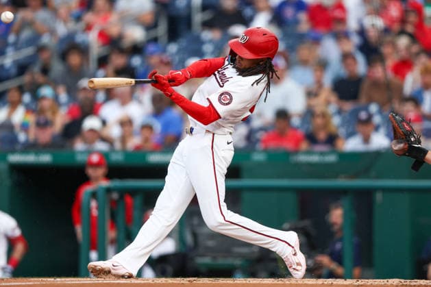 August 11, 2026, Washington D.C, District Of Columbia, United States: Washington, DC; Washington Nationals shortstop CJ Abrams (5) hits a home run during the Major League Baseball game between the Washington Nationals and the Chicago Cubs at Nationals Park on Tuesday, August 11, 2026. The Cubs beat the Nationals 8-6. MLB, Baseball Herren, USA Chicago Cubs 8:6 Washington Nationals  - ZUMAp258 20260811_znp_p258_021 Copyright: xStevexPrakopex