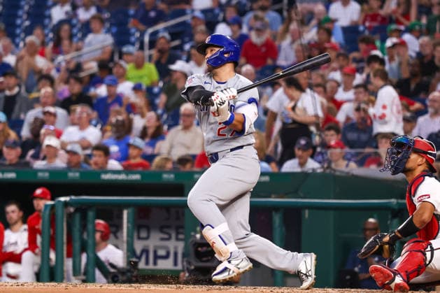 August 11, 2026, Washington D.C, District Of Columbia, United States: Washington, DC; Chicago Cubs right fielder Seiya Suzuki (27) hits a double during the Major League Baseball game between the Washington Nationals and the Chicago Cubs at Nationals Park on Tuesday, August 11, 2026. The Cubs beat the Nationals 8-6. MLB, Baseball Herren, USA Chicago Cubs 8:6 Washington Nationals  - ZUMAp258 20260811_znp_p258_031 Copyright: xStevexPrakopex