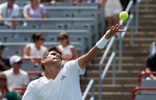 (260812) -- MONTREAL, Aug. 12, 2026 -- Rafael Jodar of Spain serves during the men s singles quarterfinal match between Rafael Jodar of Spain and Arthur Fils of France at the 2026 National Bank Open tennis tournament in Montreal, Canada, Aug. 11, 2026. at the 2026 National Bank Open tennis tournament in Montreal, Canada, Aug. 11, 2026. (Photo by Xinhua) (SP)CANADA-MONTREAL-TENNIS-NATIONAL BANK OPEN-MEN S SINGLES LixHaitao 