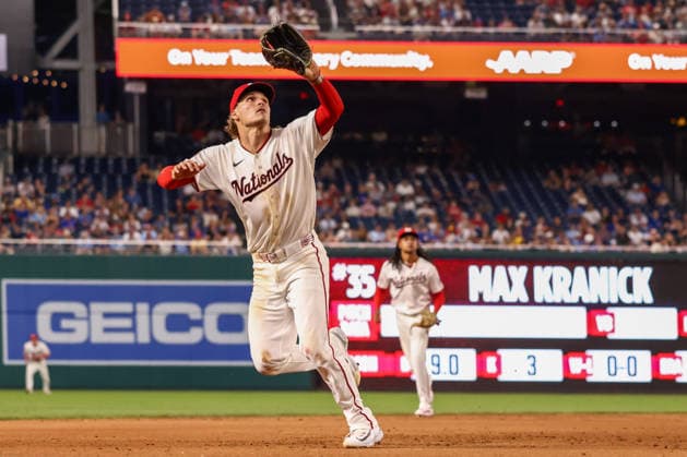 August 11, 2026, Washington D.C, District Of Columbia, United States: Washington, DC; Washington Nationals third baseman Brady House (12) watches a foul ball during the Major League Baseball game between the Washington Nationals and the Chicago Cubs at Nationals Park on Tuesday, August 11, 2026. The Cubs beat the Nationals 8-6. MLB, Baseball Herren, USA Chicago Cubs 8:6 Washington Nationals  - ZUMAp258 20260811_znp_p258_069 Copyright: xStevexPrakopex