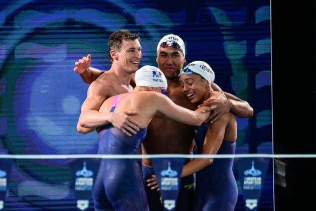 European Aquatics Championships 2026 - Mixed 4 X100m Medley Relay Final French team Maxime Grousset, Marie Wattel, Carl Aitkaci and Mary-Ambre Moluh celebrate after winning the gold medal during the mixed 4X100m medley relay at the European Aquatics Championships 2026 in Saint-Denis on August 11, 2026. Photo by Tomas Stevens ABACAPRESS.COM Saint-Denis Ile-de-France France  Copyright: xStevensxTomas ABACAx