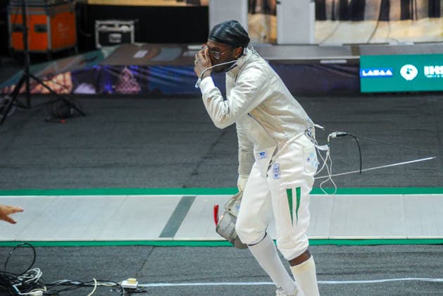 LAGOS, NIGERIA - AUGUST 11: Akinyosoye Oluwafolayemi, Nigeria and Bright Hentry Bebit, India during the 2026 Commonwealth Fencing Federation Championships - Senior Men s saber between Nigeria and India at Rugby School Eko Atlantic on August 11, 2026 in Lagos, Nigeria. Photo by Segun Ogunfeyitimi Copyright: xshengolpixsx