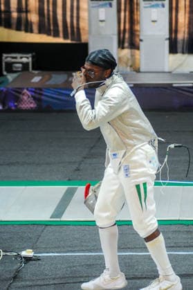LAGOS, NIGERIA - AUGUST 11: Akinyosoye Oluwafolayemi, Nigeria and Bright Hentry Bebit, India during the 2026 Commonwealth Fencing Federation Championships - Senior Men s saber between Nigeria and India at Rugby School Eko Atlantic on August 11, 2026 in Lagos, Nigeria. Photo by Segun Ogunfeyitimi Copyright: xshengolpixsx