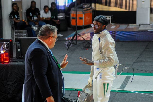 LAGOS, NIGERIA - AUGUST 11: Akinyosoye Oluwafolayemi, Nigeria and Bright Hentry Bebit, India during the 2026 Commonwealth Fencing Federation Championships - Senior Men s saber between Nigeria and India at Rugby School Eko Atlantic on August 11, 2026 in Lagos, Nigeria. Photo by Segun Ogunfeyitimi Copyright: xshengolpixsx