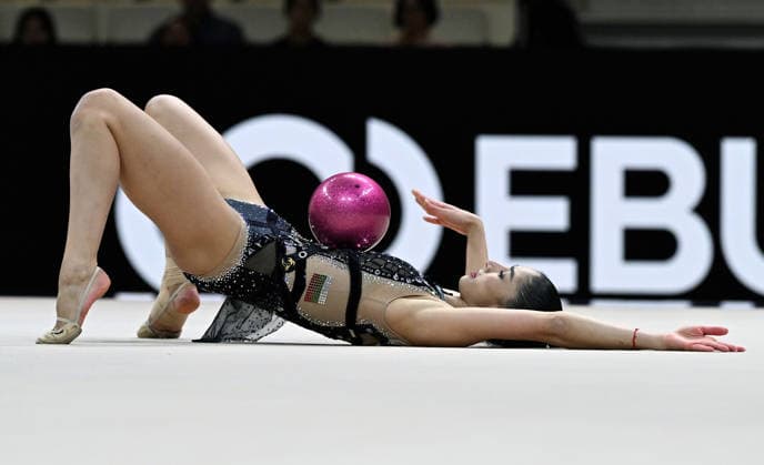 12.08.2026, xhbx, Rhythmische Sportgymnastik Weltmeisterschaft 2026, v.l. Eva Brezalieva (Bulgarien) (DFL DFB REGULATIONS PROHIBIT ANY USE OF PHOTOGRAPHS as IMAGE SEQUENCES and or QUASI-VIDEO) Frankfurt am Main *** August 12, 2026, xhbx, 2026 Rhythmic Gymnastics World Championships, from left: Eva Brezalieva, Bulgaria, DFL, DFB. REGULATIONS PROHIBIT ANY USE OF PHOTOGRAPHS AS IMAGE SEQUENCES AND OR QUASI-VIDEO. Frankfurt am Main
