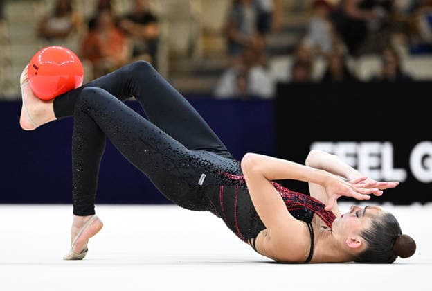 12.08.2026, xhbx, Rhythmische Sportgymnastik Weltmeisterschaft 2026, v.l. Daniela Munits (Israel) Ballübung (DFL DFB REGULATIONS PROHIBIT ANY USE OF PHOTOGRAPHS as IMAGE SEQUENCES and or QUASI-VIDEO) Frankfurt am Main *** August 12, 2026, xhbx, 2026 Rhythmic Gymnastics World Championships, from left: Daniela Munits, Israel, ball routine. DFL and DFB regulations prohibit any use of photographs as image sequences and or quasi-video. Frankfurt am Main