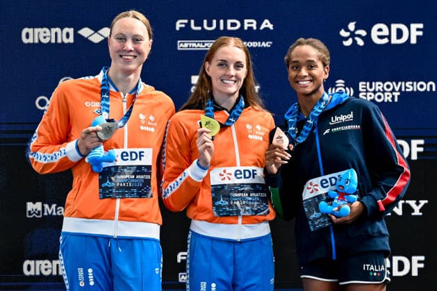 Milou Van Wijk of Netherlands, silver, Marrit Steenbergen of Netherlands, gold, Sara Curtis of Italy, bronze attend the medal ceremony of the swimming 100m Freestyle Women Final during the European Aquatics Championships at the Olympic Aquatic Center in Paris (France), August 11, 2026. Andrea Masini Deepbluemedia Insidefoto